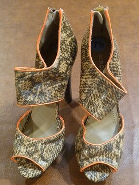 BCBG Leopard-Print Open-Toe Heels with Orange Trim